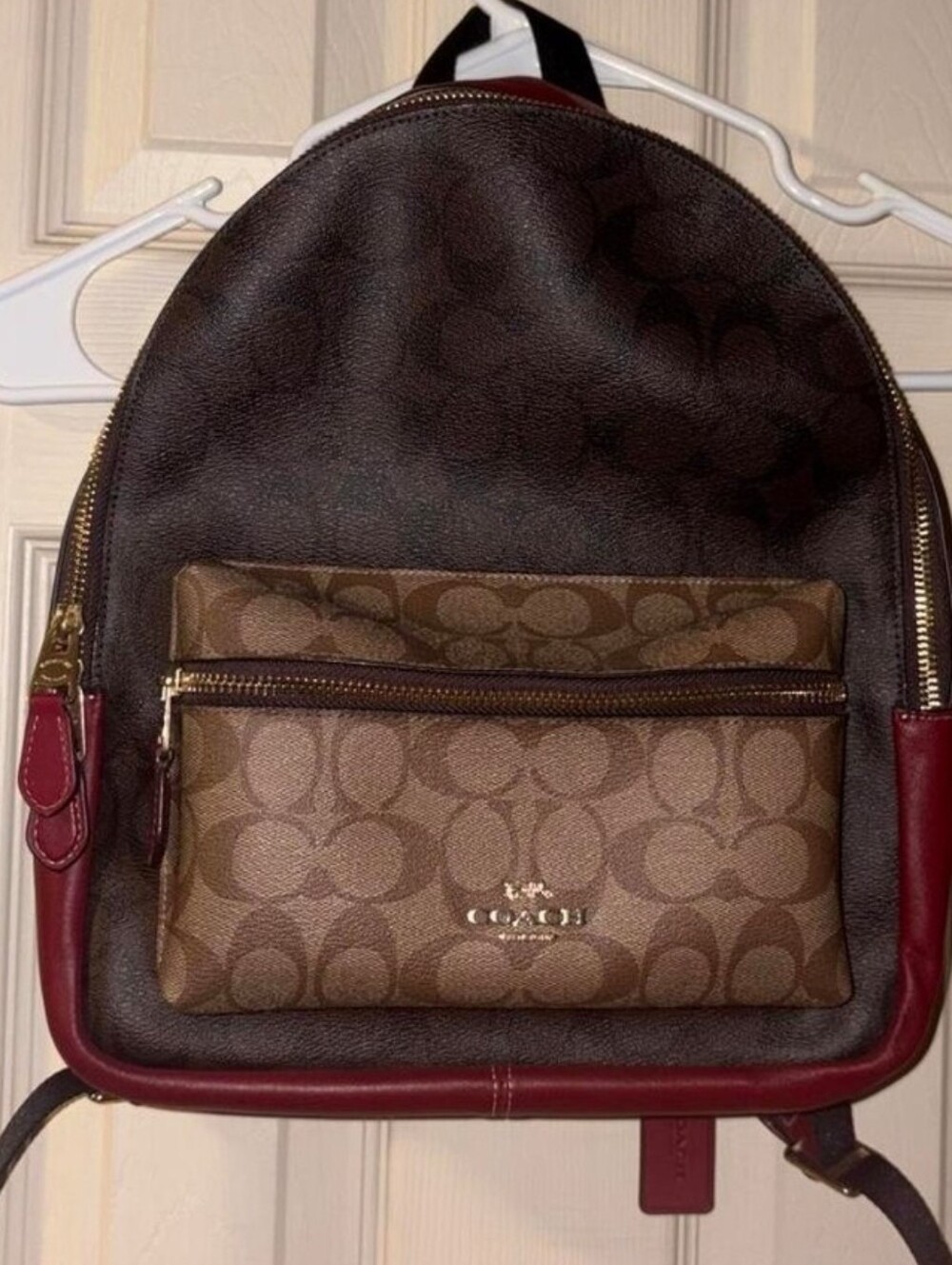 Coach Charlie Medium Backpack in Blocked Signature Canvas and Red Leather Euc
